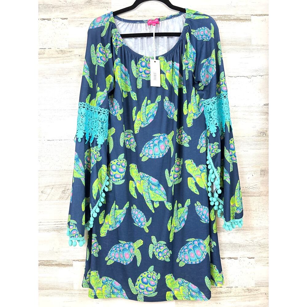 Simply Southern Womens M Blue Green Sea Turtle Boho Midi Dress NWT